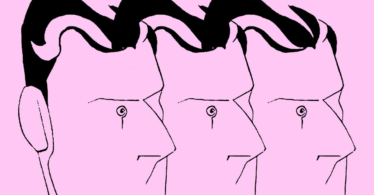 Una ilustración sobre fondo rosado con el rostro de Salarrué por triplicado